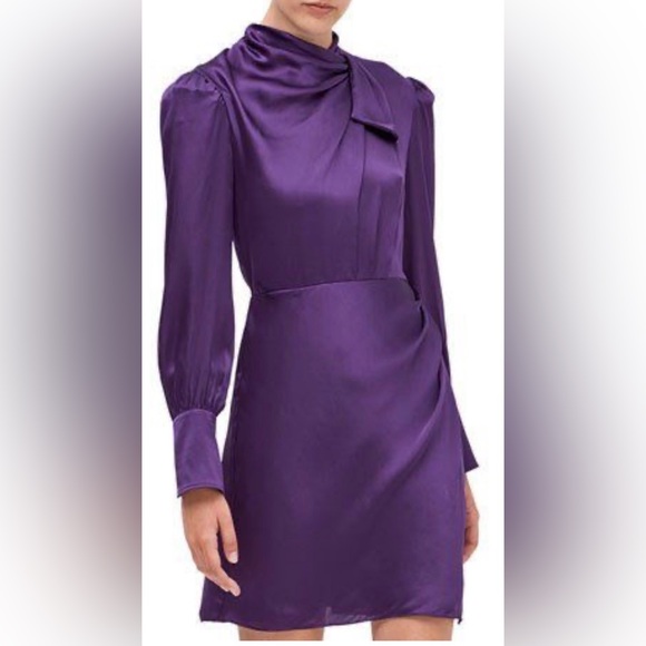 Kate Spade silk dress w/ draped neckline, long balloons sleeves. Midi. Purple 14 - Picture 2 of 16
